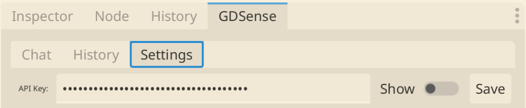 GDSense Settings tab showing the API Key field and Save button
