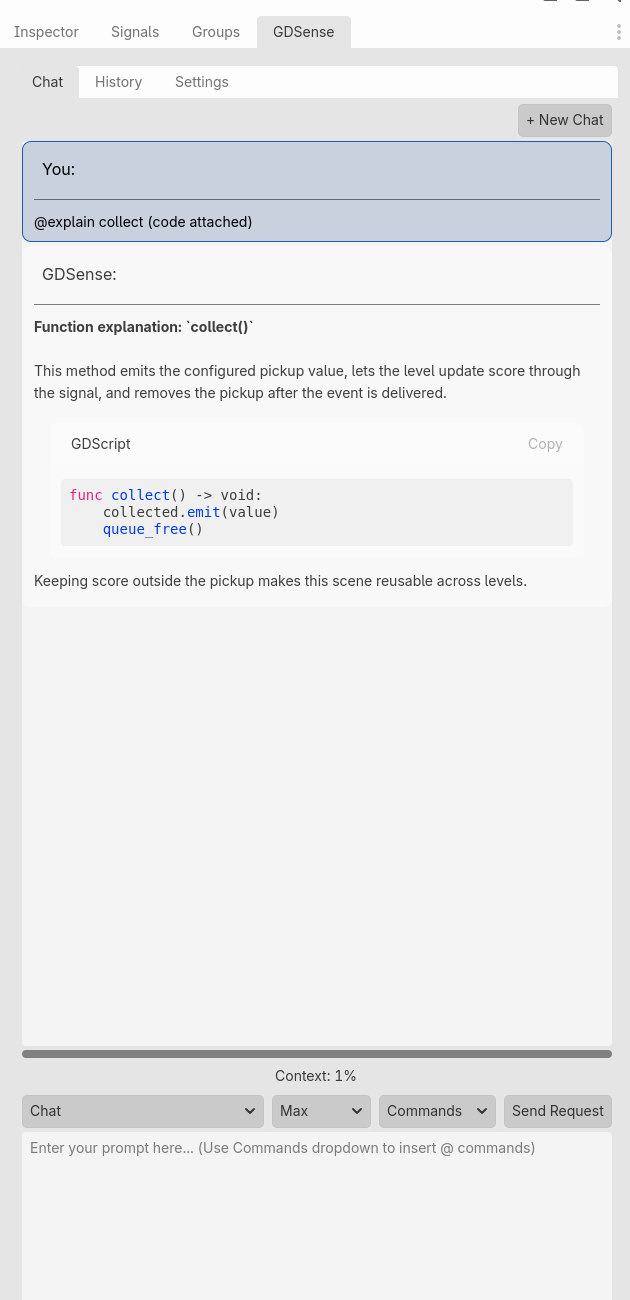GDSense Chat showing an explanation of selected GDScript