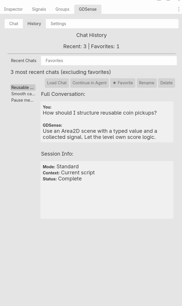 GDSense History tab with recent and favorite conversation lists