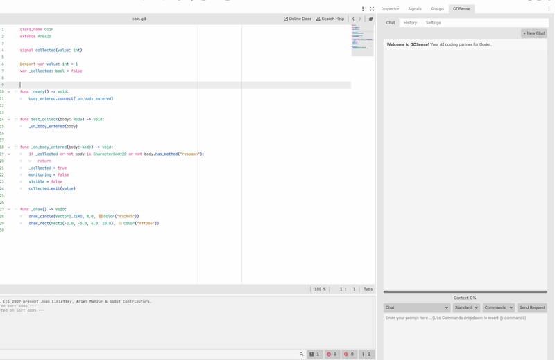GDSense AI assistant in action within Godot Editor