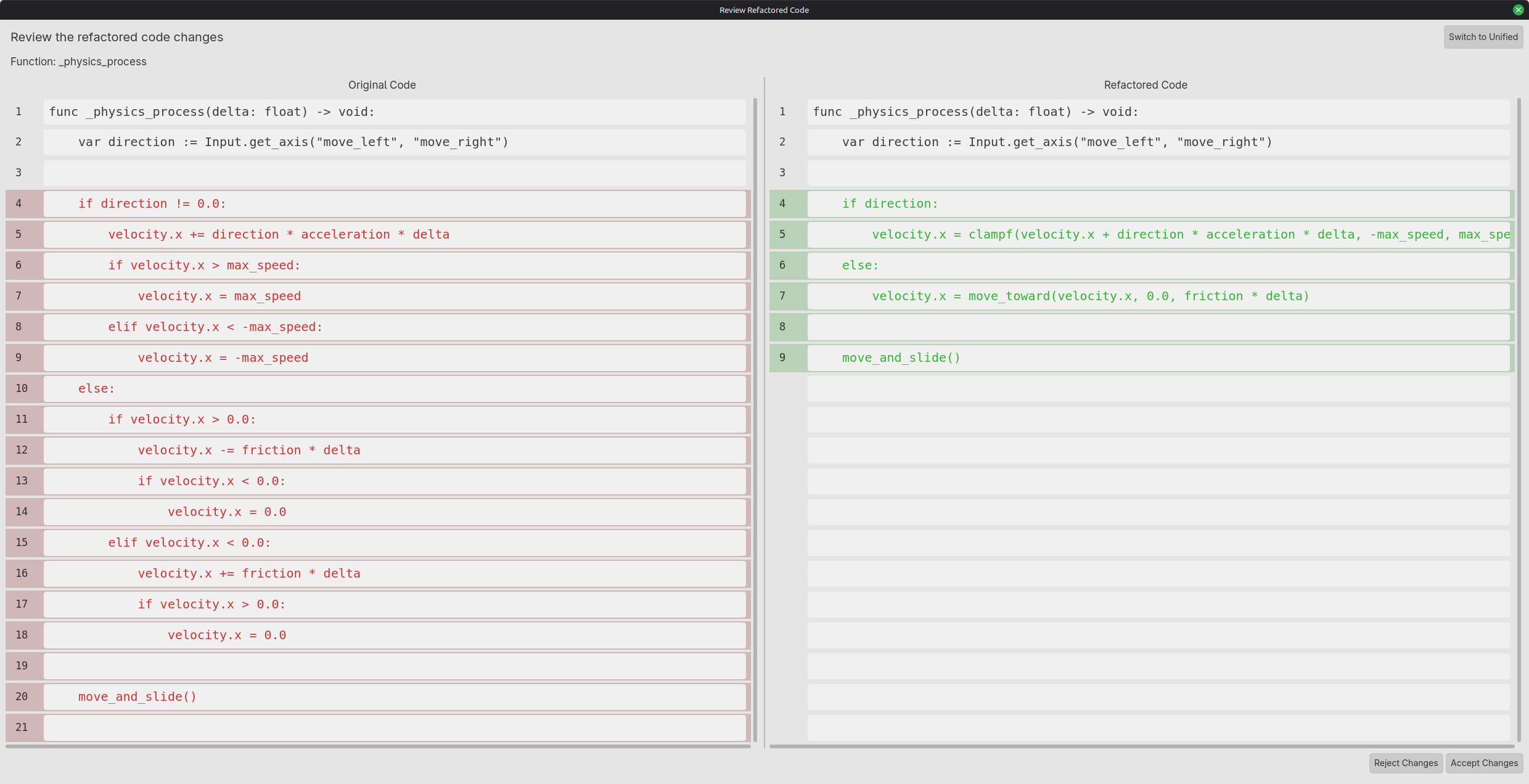 Side-by-side GDSense review comparing original and refactored GDScript