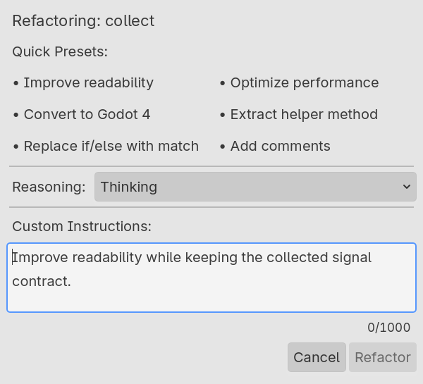 GDSense refactor window with an instruction field and reasoning mode control